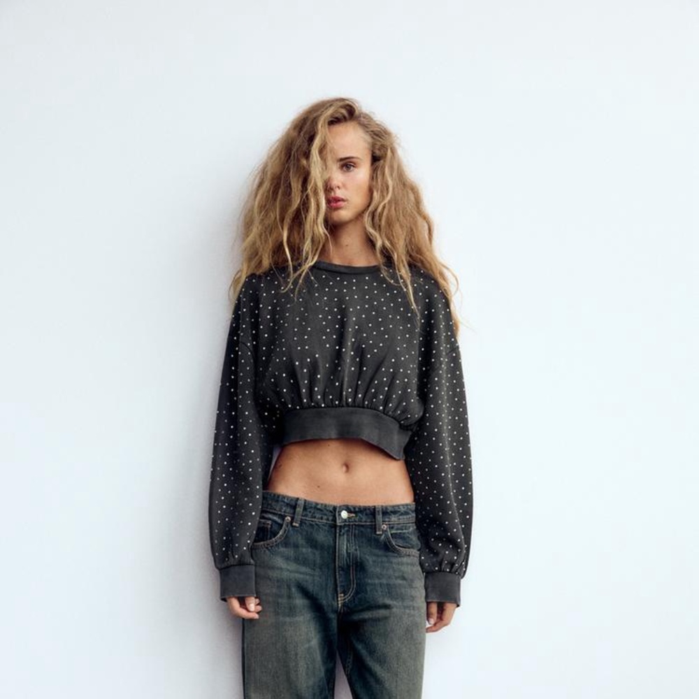 NWT Zara Washed Effect Jewel Crop Sweatshirt in Anthracite Grey - Small